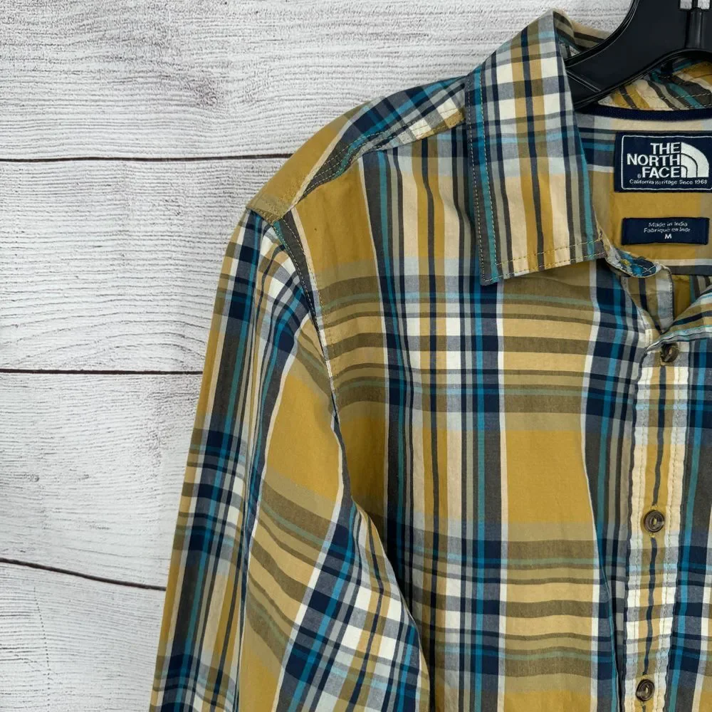 The‎ North Face Plaid Button Down Casual Shirt Yellow Blue Cotton Long Sleeve M